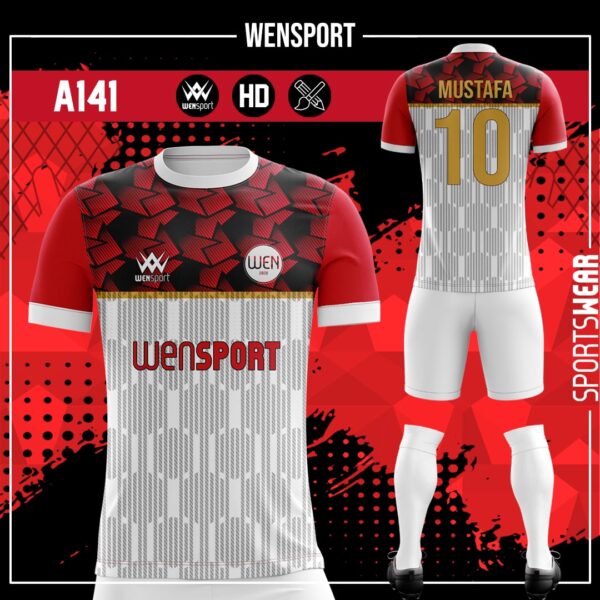 A141 Kırmızı Beyaz Forma Kırmızı, Siyah ve Krem futbol forması modeli - forma yaptırma ön görünüm