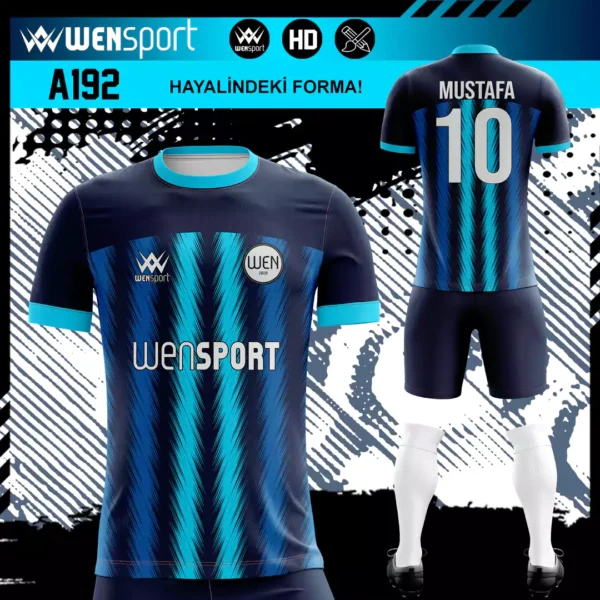 A192 Lacivert Turkuaz Forma Siyah, Turkuaz ve Krem futbol forması modeli - forma yaptırma ön görünüm