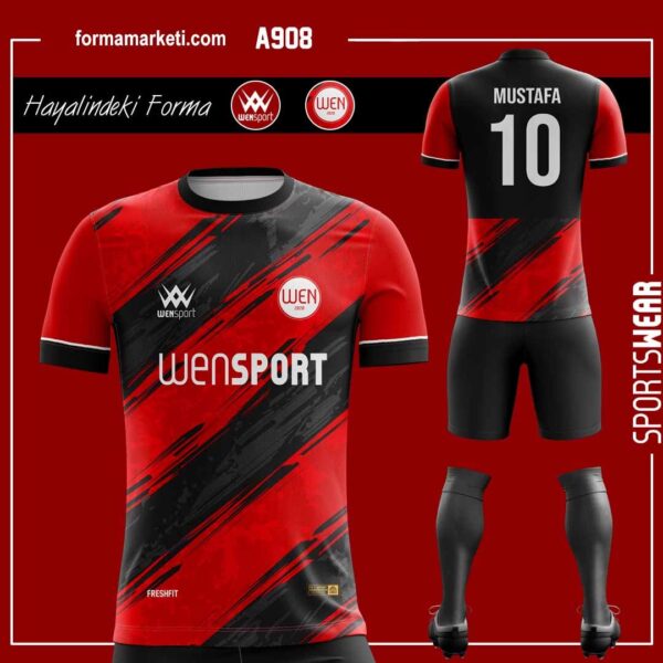 A908 Futbol Forması Bordo, Siyah ve Kırmızı futbol forması modeli - forma yaptırma ön görünüm