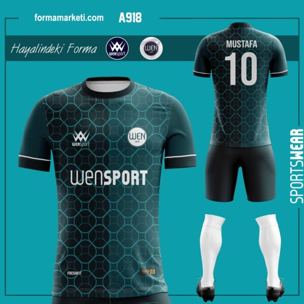 A918 Futbol Forması Yaptırma Turkuaz, Antrasit ve Siyah futbol forması modeli - forma yaptırma ön görünüm
