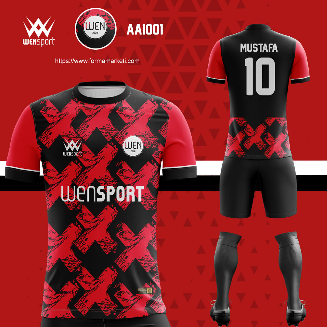 AA1001 Futbol Forması Kırmızı, Siyah ve Bordo futbol forması modeli - forma yaptırma ön görünüm
