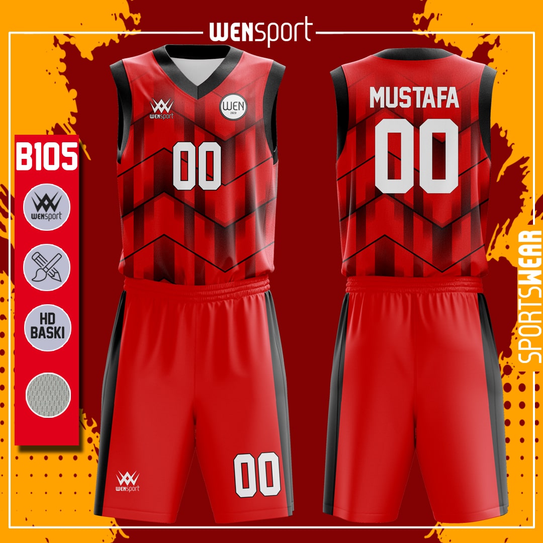 B105 Kırmızı Siyah Basketbol Forması Kırmızı, Bordo ve Sarı basketbol forması modeli - basketbol forması yaptırma ön görünüm