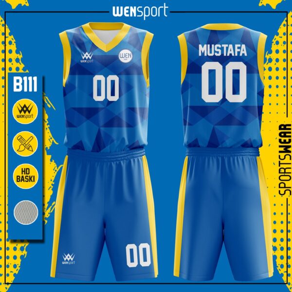 B111 Mavi Sarı Basketbol Forması Saks, Mavi ve Sarı basketbol forması modeli - basketbol forması yaptırma ön görünüm