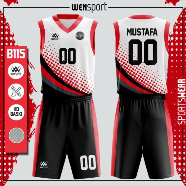 Basketbol Forması Yaptırma Krem, Siyah ve Kırmızı basketbol forması modeli - basketbol forması yaptırma ön görünüm
