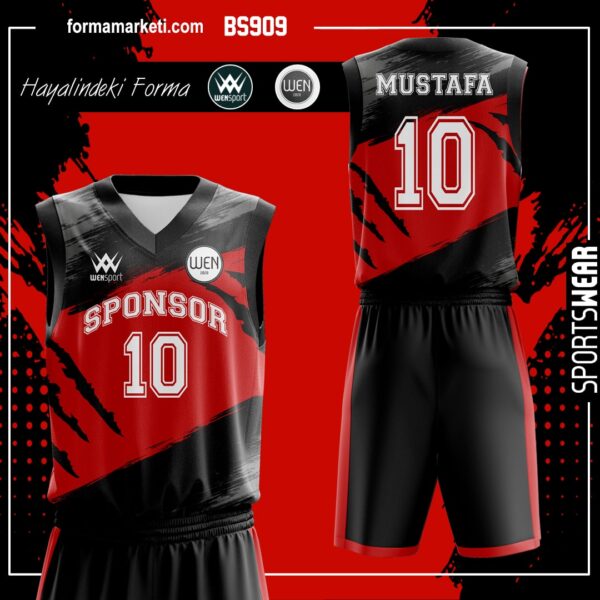 BS909 Basketbol Forması Siyah, Kırmızı ve Antrasit basketbol forması modeli - basketbol forması yaptırma ön görünüm