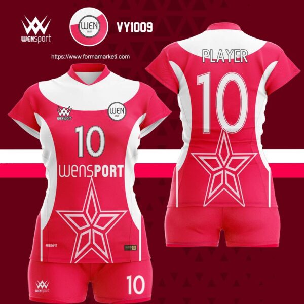VY1009 Voleyol Forması Kırmızı, Fuşya ve Pembe voleybol forması modeli - voleybol forması yaptırma ön görünüm